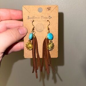Turquoise & Brown Tassel Sunflower Earrings